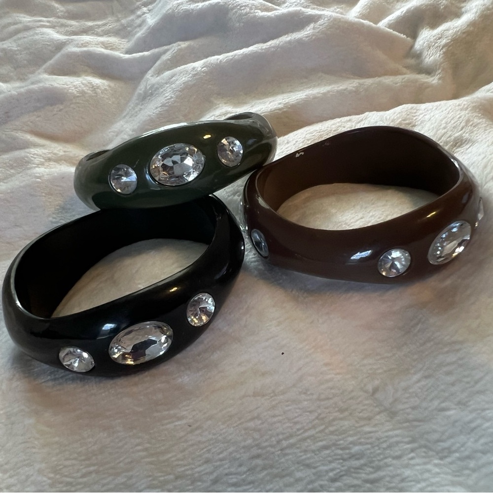 3 plastic gem bracelets in brown, black, and army green #y2k #jewelry
